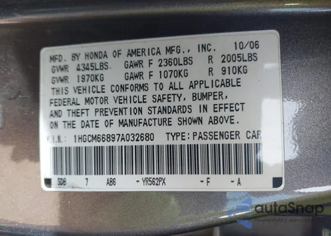 2007 Honda Accord 3.0 Ex из США, поврежденный, VIN 1HGCM66897A032680